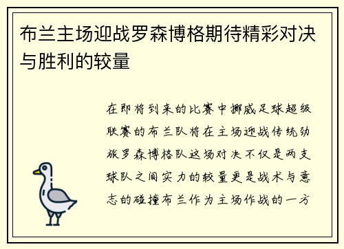 布兰主场迎战罗森博格期待精彩对决与胜利的较量