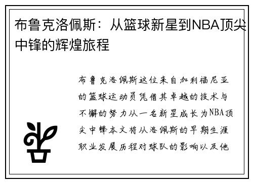 布鲁克洛佩斯：从篮球新星到NBA顶尖中锋的辉煌旅程